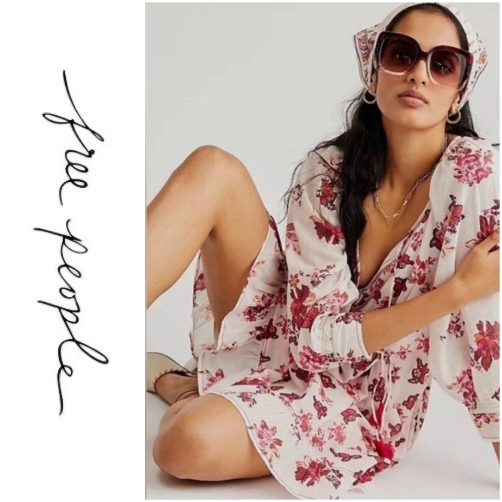 Free People White and Pink Floral Dress